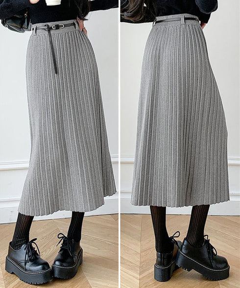 ハイウエスト プリーツニットスカート秋冬 ワイドリブ プリーツスカート ベルト付きミモレ丈スカート 体型カバーオフィスカジュアル ロングスカート 美脚脚長 着やせ 90HYHT-002
