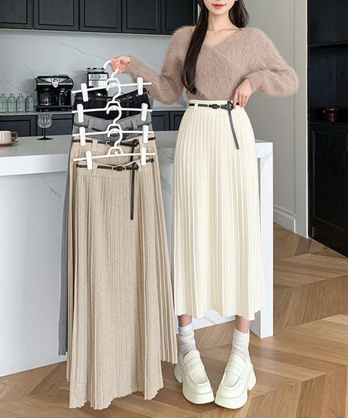 ハイウエスト プリーツニットスカート秋冬 ワイドリブ プリーツスカート ベルト付きミモレ丈スカート 体型カバーオフィスカジュアル ロングスカート 美脚脚長 着やせ 90HYHT-002