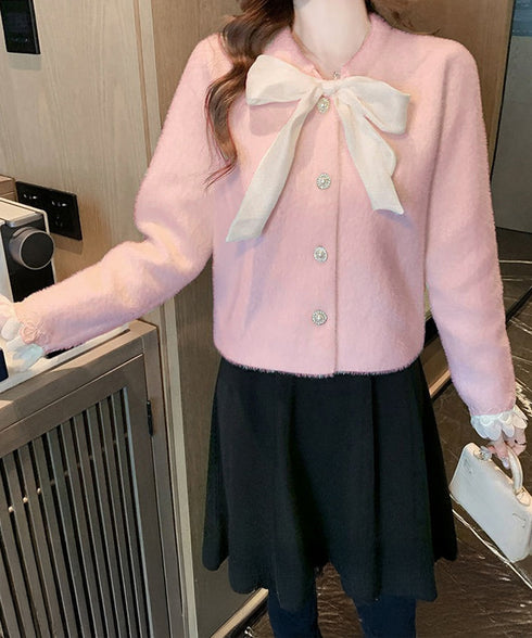 ボウダイ ニットトップス シャギーニット 大人可愛いニットセーター 袖レース レディース オフィスカジュアル ビッグリボンニットカーディガン パール調ボタン韓国風 90HYHT-003