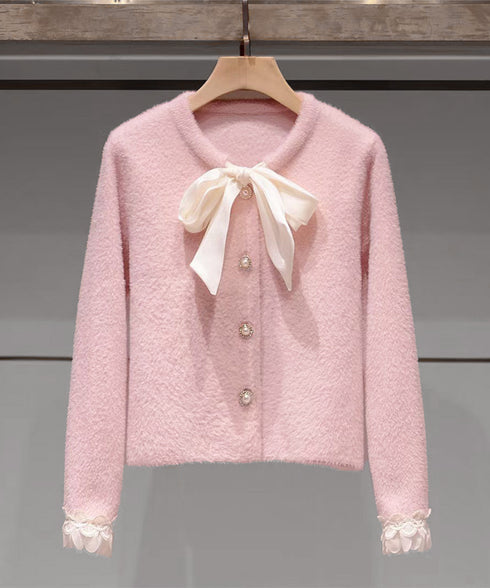 ボウダイ ニットトップス シャギーニット 大人可愛いニットセーター 袖レース レディース オフィスカジュアル ビッグリボンニットカーディガン パール調ボタン韓国風 90HYHT-003