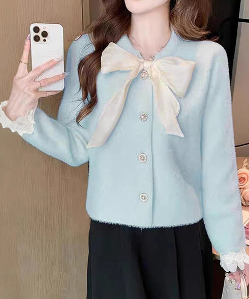 ボウダイ ニットトップス シャギーニット 大人可愛いニットセーター 袖レース レディース オフィスカジュアル ビッグリボンニットカーディガン パール調ボタン韓国風 90HYHT-003