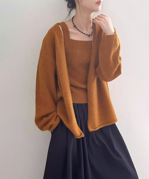 ニットアンサンブル着回しニット2点セット 大人可愛い キャミ付き ニットカーディガン 着やせ ソフトタッチ ニットセット無地 ニット羽織りノーカラーニットアウター 90HYHT-004