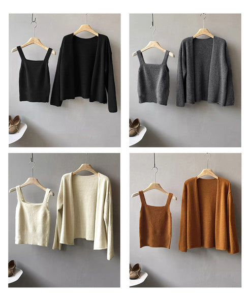 ニットアンサンブル着回しニット2点セット 大人可愛い キャミ付き ニットカーディガン 着やせ ソフトタッチ ニットセット無地 ニット羽織りノーカラーニットアウター 90HYHT-004