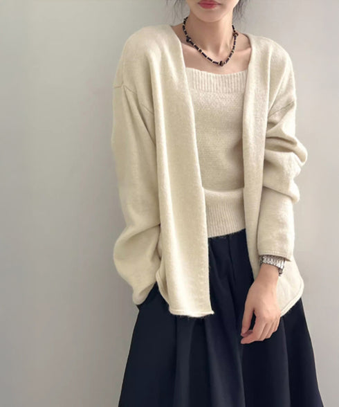 ニットアンサンブル着回しニット2点セット 大人可愛い キャミ付き ニットカーディガン 着やせ ソフトタッチ ニットセット無地 ニット羽織りノーカラーニットアウター 90HYHT-004