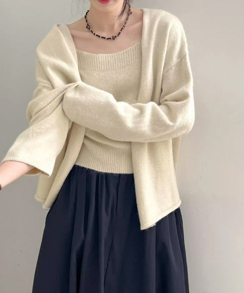 ニットアンサンブル着回しニット2点セット 大人可愛い キャミ付き ニットカーディガン 着やせ ソフトタッチ ニットセット無地 ニット羽織りノーカラーニットアウター 90HYHT-004