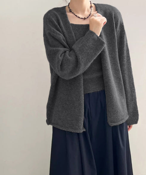 ニットアンサンブル着回しニット2点セット 大人可愛い キャミ付き ニットカーディガン 着やせ ソフトタッチ ニットセット無地 ニット羽織りノーカラーニットアウター 90HYHT-004