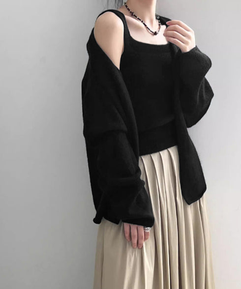 ニットアンサンブル着回しニット2点セット 大人可愛い キャミ付き ニットカーディガン 着やせ ソフトタッチ ニットセット無地 ニット羽織りノーカラーニットアウター 90HYHT-004