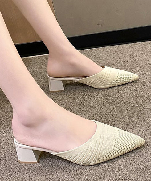 ニットミュールパンプス チャンキーヒール レディース ポインテッドトゥ パンプスサンダル 履きやすい かかとなしパンプス 歩きやすい キレイめ 美脚サンダル韓国風 90JIANLONG-004