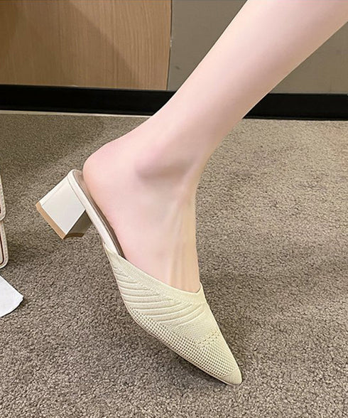 ニットミュールパンプス チャンキーヒール レディース ポインテッドトゥ パンプスサンダル 履きやすい かかとなしパンプス 歩きやすい キレイめ 美脚サンダル韓国風 90JIANLONG-004