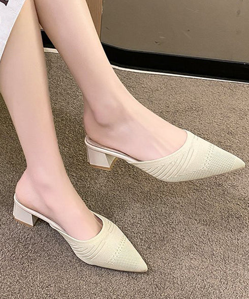 ニットミュールパンプス チャンキーヒール レディース ポインテッドトゥ パンプスサンダル 履きやすい かかとなしパンプス 歩きやすい キレイめ 美脚サンダル韓国風 90JIANLONG-004