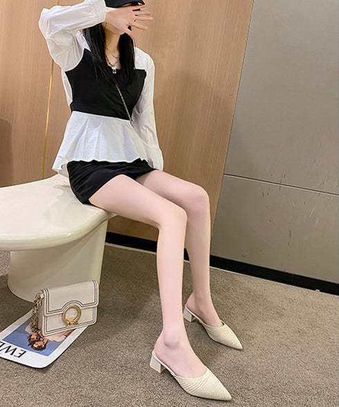 ニットミュールパンプス チャンキーヒール レディース ポインテッドトゥ パンプスサンダル 履きやすい かかとなしパンプス 歩きやすい キレイめ 美脚サンダル韓国風 90JIANLONG-004