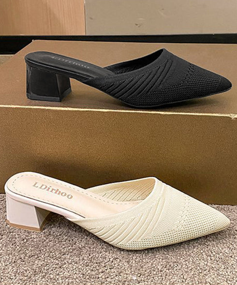 ニットミュールパンプス チャンキーヒール レディース ポインテッドトゥ パンプスサンダル 履きやすい かかとなしパンプス 歩きやすい キレイめ 美脚サンダル韓国風 90JIANLONG-004