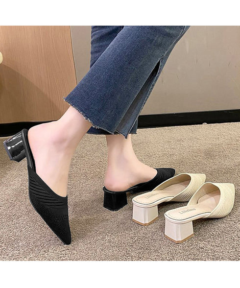 ニットミュールパンプス チャンキーヒール レディース ポインテッドトゥ パンプスサンダル 履きやすい かかとなしパンプス 歩きやすい キレイめ 美脚サンダル韓国風 90JIANLONG-004