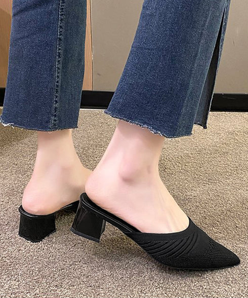 ニットミュールパンプス チャンキーヒール レディース ポインテッドトゥ パンプスサンダル 履きやすい かかとなしパンプス 歩きやすい キレイめ 美脚サンダル韓国風 90JIANLONG-004