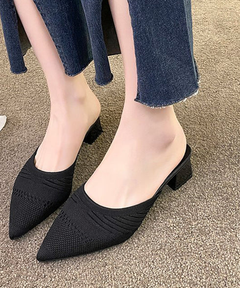 ニットミュールパンプス チャンキーヒール レディース ポインテッドトゥ パンプスサンダル 履きやすい かかとなしパンプス 歩きやすい キレイめ 美脚サンダル韓国風 90JIANLONG-004