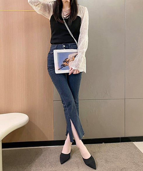 ニットミュールパンプス チャンキーヒール レディース ポインテッドトゥ パンプスサンダル 履きやすい かかとなしパンプス 歩きやすい キレイめ 美脚サンダル韓国風 90JIANLONG-004