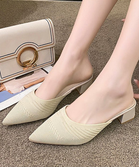 ニットミュールパンプス チャンキーヒール レディース ポインテッドトゥ パンプスサンダル 履きやすい かかとなしパンプス 歩きやすい キレイめ 美脚サンダル韓国風 90JIANLONG-004