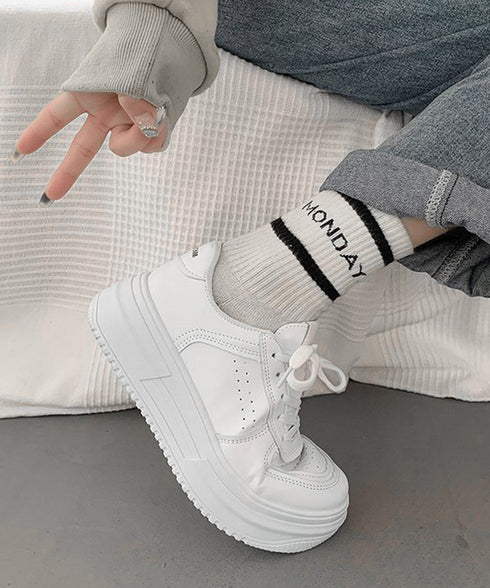 韓国風厚底スニーカーレディース白シューズ 美脚脚長 ベーシック レースアップスニーカー 歩きやすい カジュアル靴痛くない ボリュームソール 通気性 履きやすいくつ 90JIANLONG-008