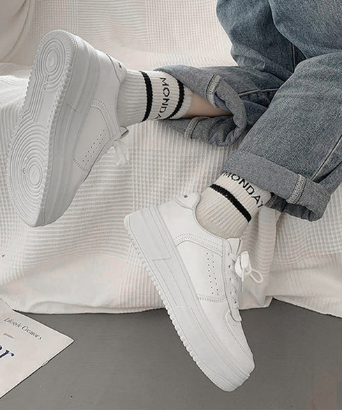 韓国風厚底スニーカーレディース白シューズ 美脚脚長 ベーシック レースアップスニーカー 歩きやすい カジュアル靴痛くない ボリュームソール 通気性 履きやすいくつ 90JIANLONG-008