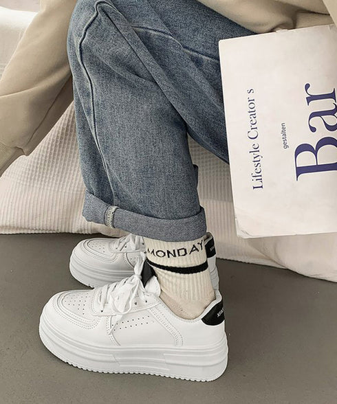 韓国風厚底スニーカーレディース白シューズ 美脚脚長 ベーシック レースアップスニーカー 歩きやすい カジュアル靴痛くない ボリュームソール 通気性 履きやすいくつ 90JIANLONG-008