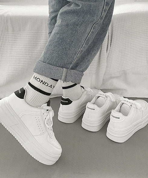 韓国風厚底スニーカーレディース白シューズ 美脚脚長 ベーシック レースアップスニーカー 歩きやすい カジュアル靴痛くない ボリュームソール 通気性 履きやすいくつ 90JIANLONG-008