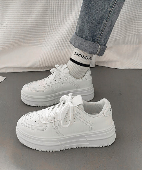 韓国風厚底スニーカーレディース白シューズ 美脚脚長 ベーシック レースアップスニーカー 歩きやすい カジュアル靴痛くない ボリュームソール 通気性 履きやすいくつ 90JIANLONG-008
