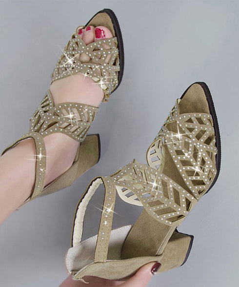 オープントゥサンダル ラインストーン夏靴 チャンキーヒールサンダル 歩きやすい バックジッパー 疲れない 太めヒール サマーブーツサンダル きれいめ キラキラ美脚 90JIANLONG-010