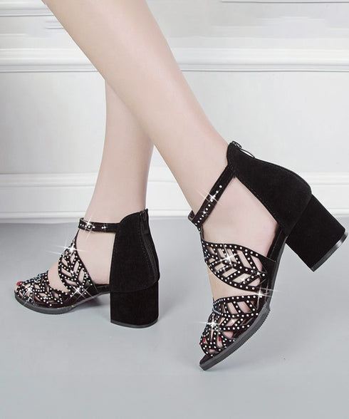 オープントゥサンダル ラインストーン夏靴 チャンキーヒールサンダル 歩きやすい バックジッパー 疲れない 太めヒール サマーブーツサンダル きれいめ キラキラ美脚 90JIANLONG-010