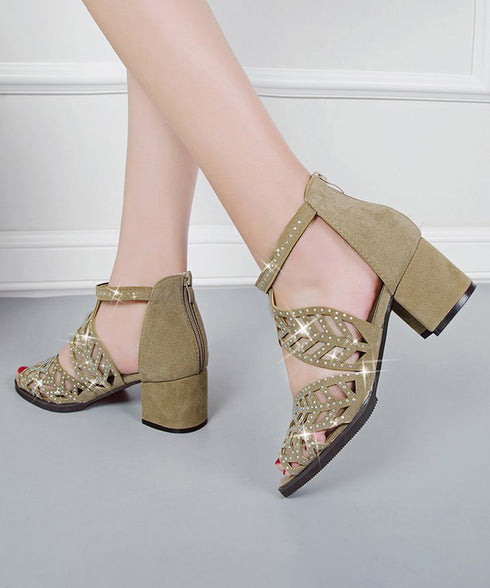 オープントゥサンダル ラインストーン夏靴 チャンキーヒールサンダル 歩きやすい バックジッパー 疲れない 太めヒール サマーブーツサンダル きれいめ キラキラ美脚 90JIANLONG-010