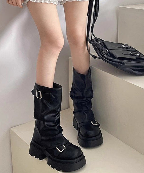 ショートブーツ 厚底カバーミドルブーツ レディース ルーズシルエット エンジニアブーツ 疲れにくいバイカーブーツ かっこいいワークブーツ おしゃれ太ヒールブーツ 90JIANLONG-013