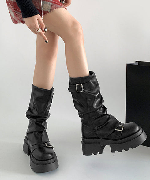 ショートブーツ 厚底カバーミドルブーツ レディース ルーズシルエット エンジニアブーツ 疲れにくいバイカーブーツ かっこいいワークブーツ おしゃれ太ヒールブーツ 90JIANLONG-013