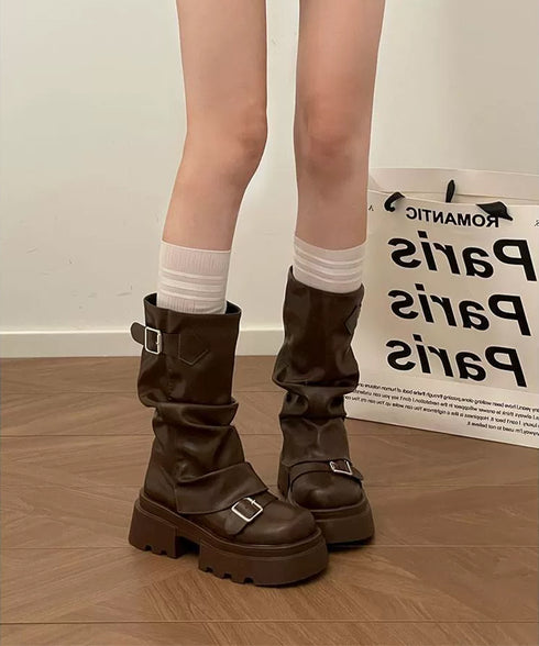ショートブーツ 厚底カバーミドルブーツ レディース ルーズシルエット エンジニアブーツ 疲れにくいバイカーブーツ かっこいいワークブーツ おしゃれ太ヒールブーツ 90JIANLONG-013