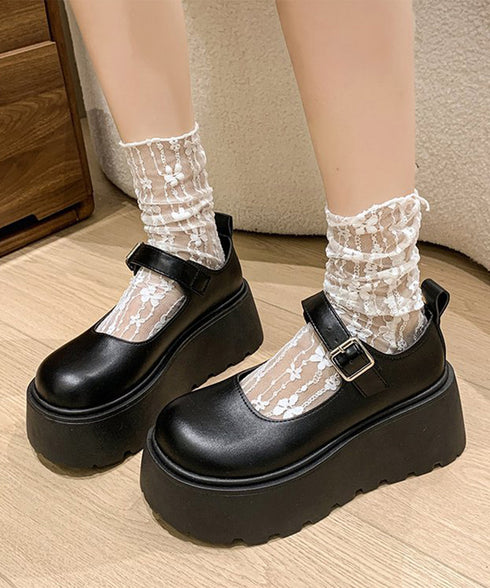 厚底ローファー レディース韓国風 美脚靴 ラウンドトゥPUレザー靴 歩きやすいメイド靴 軽量メリージェーンシューズ お嬢様パンプス黒 厚底5cm プラットフォーム 90JIANLONG-015