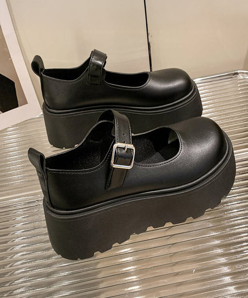 厚底ローファー レディース韓国風 美脚靴 ラウンドトゥPUレザー靴 歩きやすいメイド靴 軽量メリージェーンシューズ お嬢様パンプス黒 厚底5cm プラットフォーム 90JIANLONG-015