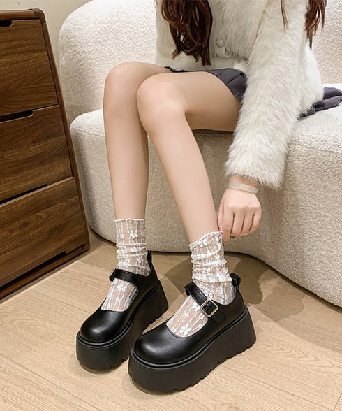 厚底ローファー レディース韓国風 美脚靴 ラウンドトゥPUレザー靴 歩きやすいメイド靴 軽量メリージェーンシューズ お嬢様パンプス黒 厚底5cm プラットフォーム 90JIANLONG-015