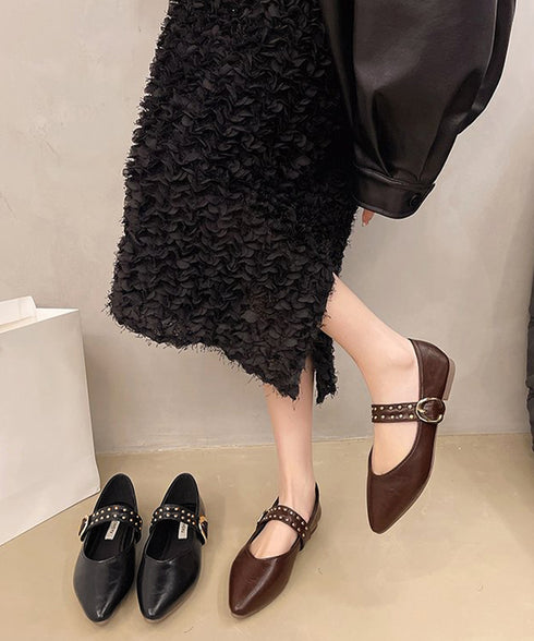 スタッズ付きメアリージェーンパンプス浅口 ポインテッドトゥフラットシューズ 歩きやすい コンフォートくつ ぺたんこ靴 走れるパンプス おしゃれ 通勤通学靴疲れない 90JIANLONG-016