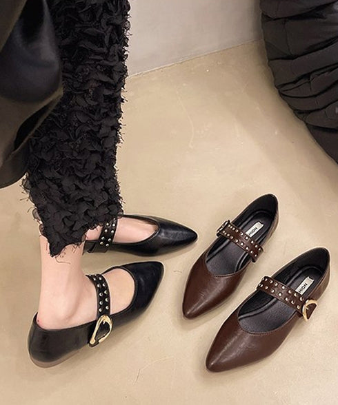 スタッズ付きメアリージェーンパンプス浅口 ポインテッドトゥフラットシューズ 歩きやすい コンフォートくつ ぺたんこ靴 走れるパンプス おしゃれ 通勤通学靴疲れない 90JIANLONG-016
