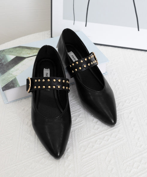 スタッズ付きメアリージェーンパンプス浅口 ポインテッドトゥフラットシューズ 歩きやすい コンフォートくつ ぺたんこ靴 走れるパンプス おしゃれ 通勤通学靴疲れない 90JIANLONG-016