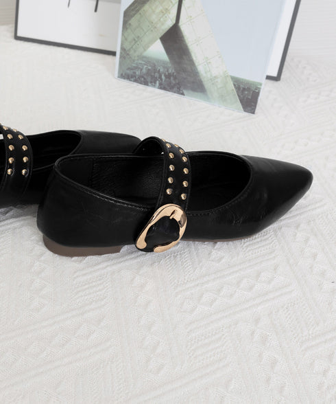 スタッズ付きメアリージェーンパンプス浅口 ポインテッドトゥフラットシューズ 歩きやすい コンフォートくつ ぺたんこ靴 走れるパンプス おしゃれ 通勤通学靴疲れない 90JIANLONG-016