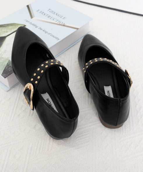 スタッズ付きメアリージェーンパンプス浅口 ポインテッドトゥフラットシューズ 歩きやすい コンフォートくつ ぺたんこ靴 走れるパンプス おしゃれ 通勤通学靴疲れない 90JIANLONG-016