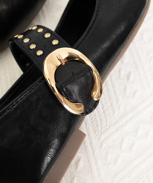 スタッズ付きメアリージェーンパンプス浅口 ポインテッドトゥフラットシューズ 歩きやすい コンフォートくつ ぺたんこ靴 走れるパンプス おしゃれ 通勤通学靴疲れない 90JIANLONG-016