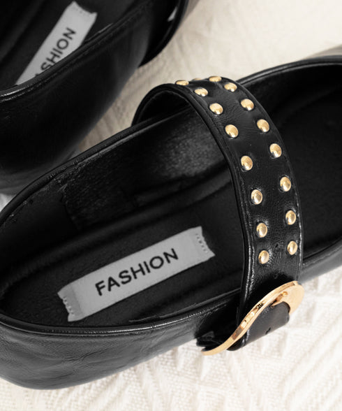 スタッズ付きメアリージェーンパンプス浅口 ポインテッドトゥフラットシューズ 歩きやすい コンフォートくつ ぺたんこ靴 走れるパンプス おしゃれ 通勤通学靴疲れない 90JIANLONG-016
