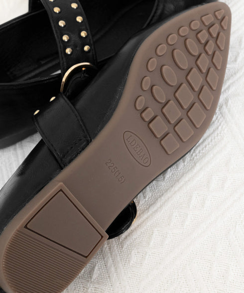 スタッズ付きメアリージェーンパンプス浅口 ポインテッドトゥフラットシューズ 歩きやすい コンフォートくつ ぺたんこ靴 走れるパンプス おしゃれ 通勤通学靴疲れない 90JIANLONG-016