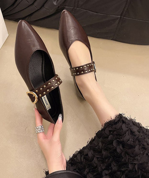 スタッズ付きメアリージェーンパンプス浅口 ポインテッドトゥフラットシューズ 歩きやすい コンフォートくつ ぺたんこ靴 走れるパンプス おしゃれ 通勤通学靴疲れない 90JIANLONG-016