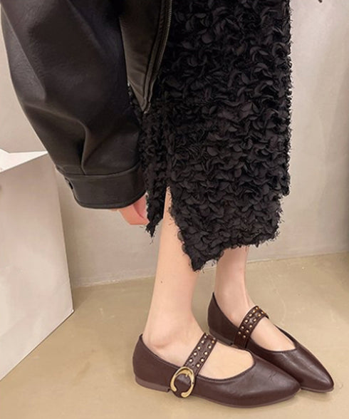 スタッズ付きメアリージェーンパンプス浅口 ポインテッドトゥフラットシューズ 歩きやすい コンフォートくつ ぺたんこ靴 走れるパンプス おしゃれ 通勤通学靴疲れない 90JIANLONG-016