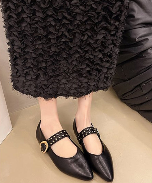 スタッズ付きメアリージェーンパンプス浅口 ポインテッドトゥフラットシューズ 歩きやすい コンフォートくつ ぺたんこ靴 走れるパンプス おしゃれ 通勤通学靴疲れない 90JIANLONG-016