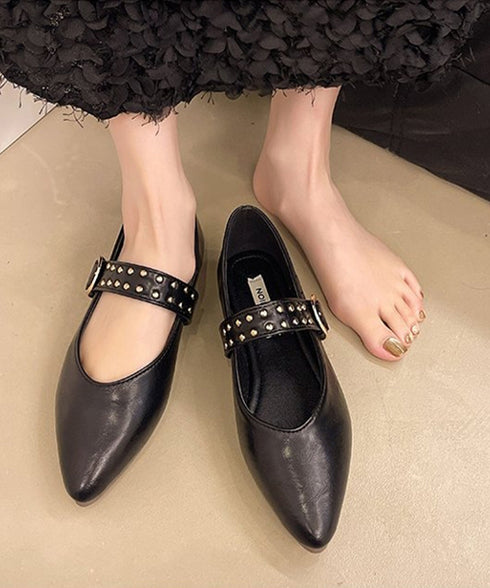 スタッズ付きメアリージェーンパンプス浅口 ポインテッドトゥフラットシューズ 歩きやすい コンフォートくつ ぺたんこ靴 走れるパンプス おしゃれ 通勤通学靴疲れない 90JIANLONG-016
