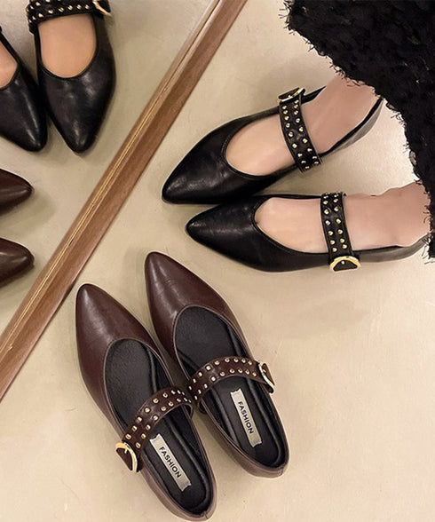 スタッズ付きメアリージェーンパンプス浅口 ポインテッドトゥフラットシューズ 歩きやすい コンフォートくつ ぺたんこ靴 走れるパンプス おしゃれ 通勤通学靴疲れない 90JIANLONG-016