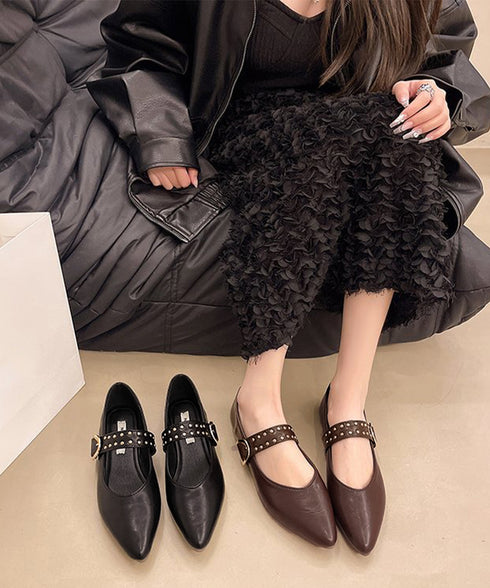 スタッズ付きメアリージェーンパンプス浅口 ポインテッドトゥフラットシューズ 歩きやすい コンフォートくつ ぺたんこ靴 走れるパンプス おしゃれ 通勤通学靴疲れない 90JIANLONG-016