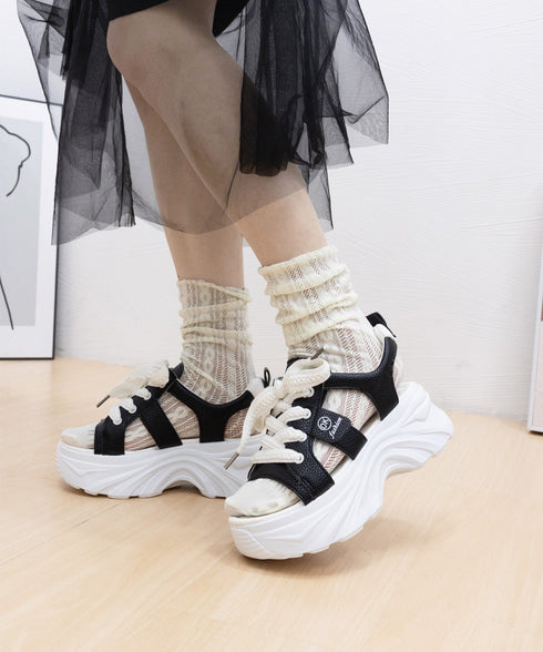 レースアップスニーカーサンダル厚底靴美脚 厚底スポーツサンダル レディース オープントゥ コンフォートサンダル カジュアル靴歩きやすい スポーティー ボリューム感 90JIANLONG-017